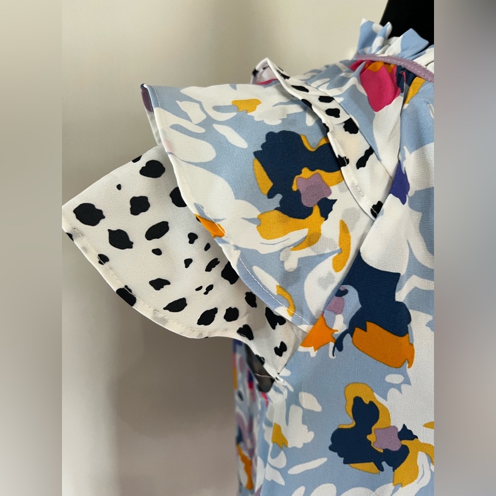 Floral Ruffle Sleeve Blouse w/ Dalmatian Print Detail | Colorful Boho Top - Picture 5 of 7